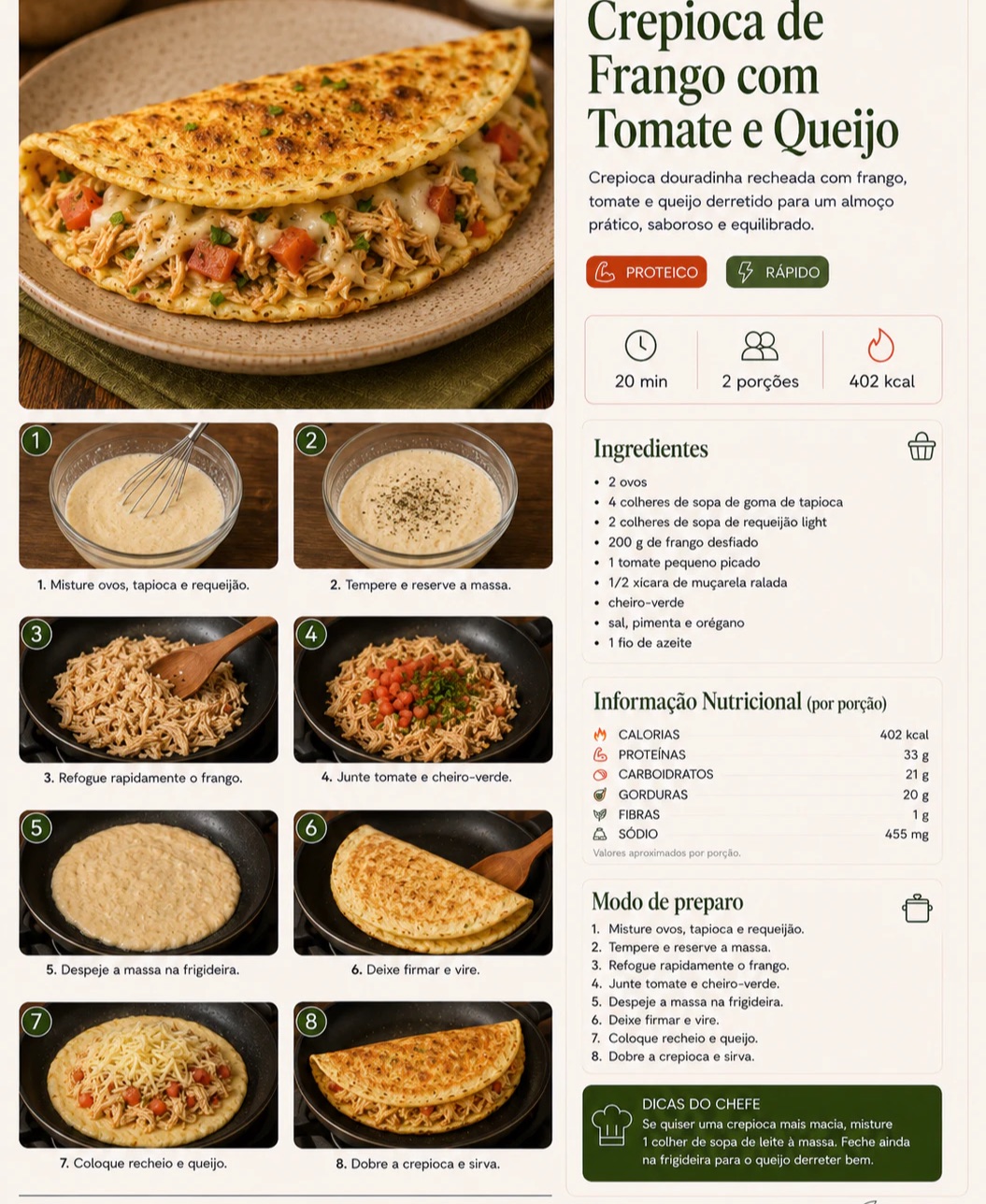 Página interna do livro com receita de crepioca de frango, tomate e queijo