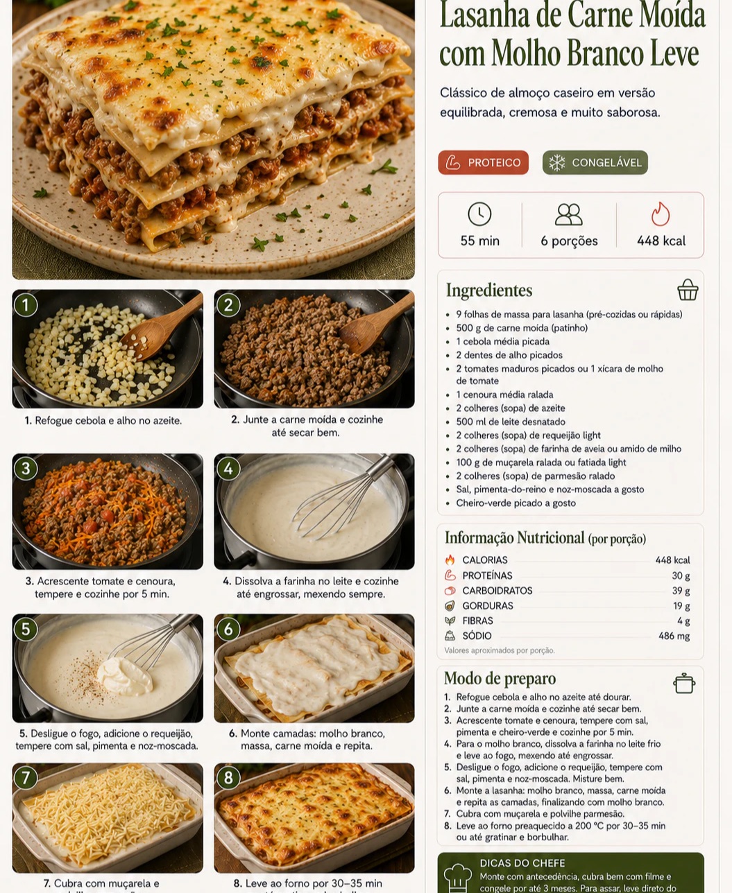 Página interna do livro com receita de lasanha de carne moída