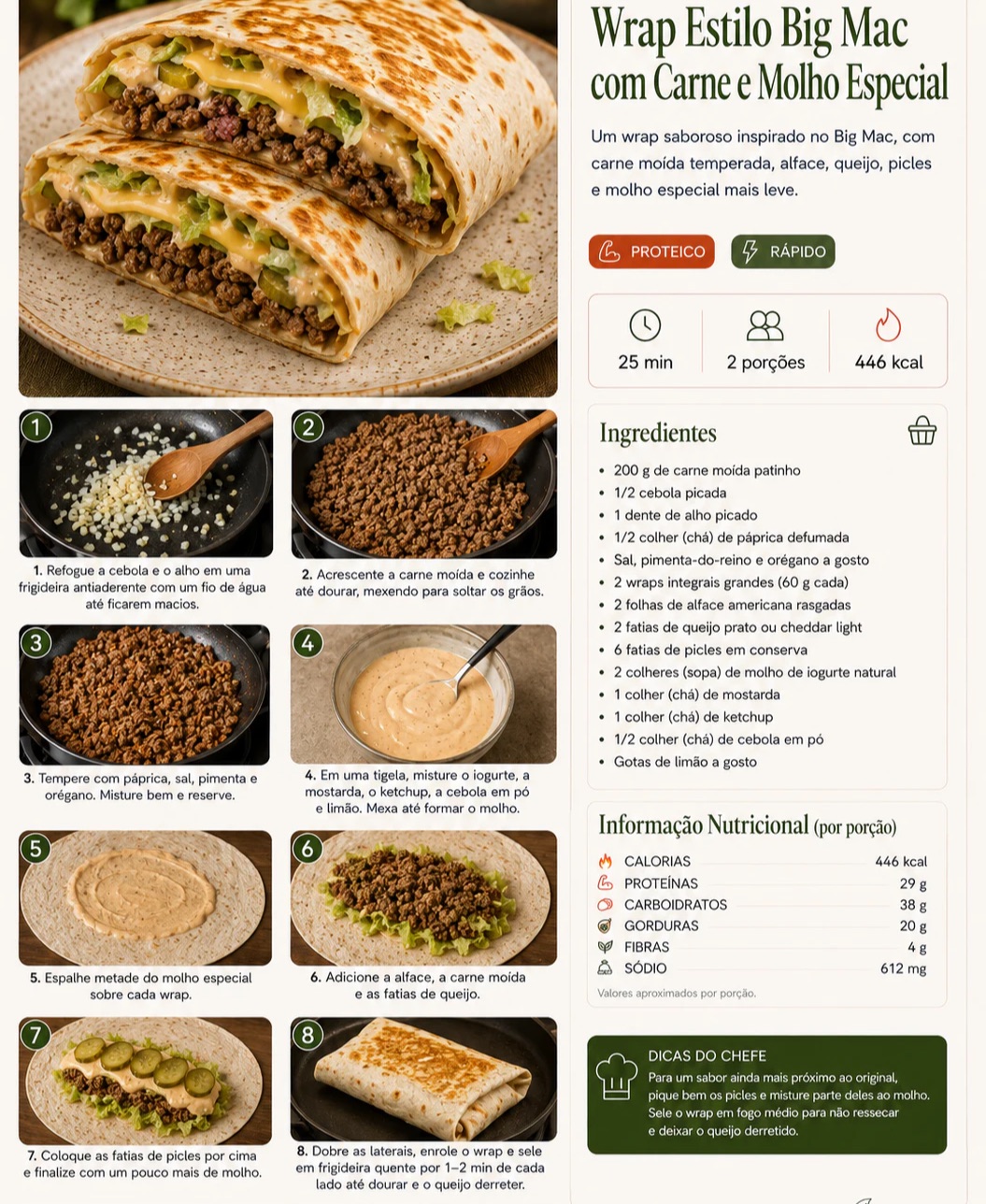 Página interna do livro com receita de wrap estilo Big Mac